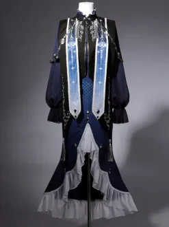 Gothic Lolita Dresses Ruffles Dark Navy Elegant Victorian Astrologer Top Capelet Mermaid Skirt Two-piece Set