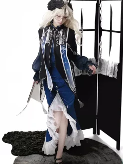 Gothic Lolita Dresses Ruffles Dark Navy Elegant Victorian Astrologer Top Capelet Mermaid Skirt Two-piece Set