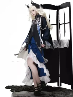 Gothic Lolita Dresses Ruffles Dark Navy Elegant Victorian Astrologer Top Capelet Mermaid Skirt Two-piece Set