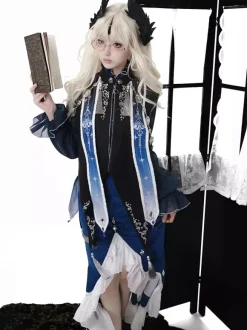 Gothic Lolita Dresses Ruffles Dark Navy Elegant Victorian Astrologer Top Capelet Mermaid Skirt Two-piece Set