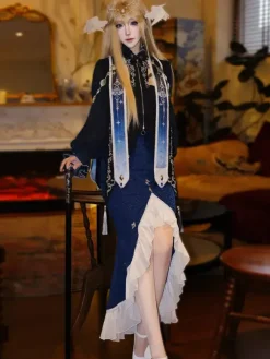 Gothic Lolita Dresses Ruffles Dark Navy Elegant Victorian Astrologer Top Capelet Mermaid Skirt Two-piece Set