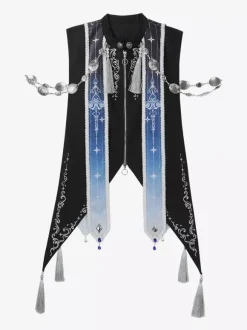 Gothic Lolita Dresses Ruffles Dark Navy Elegant Victorian Astrologer Top Capelet Mermaid Skirt Two-piece Set