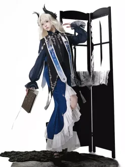 Gothic Lolita Dresses Ruffles Dark Navy Elegant Victorian Astrologer Top Capelet Mermaid Skirt Two-piece Set
