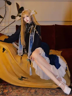 Gothic Lolita Dresses Ruffles Dark Navy Elegant Victorian Astrologer Top Capelet Mermaid Skirt Two-piece Set