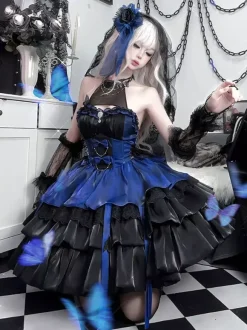 Gothic Lolita Dresses sleeveless Ruffles Layered puffy Dress Blue Black Butterfly Cosplay costumes