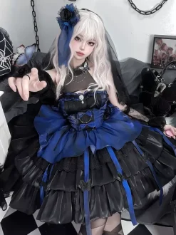 Gothic Lolita Dresses sleeveless Ruffles Layered puffy Dress Blue Black Butterfly Cosplay costumes