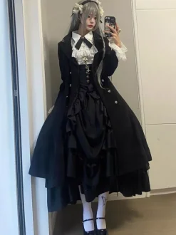 Gothic Lolita Elegant Skirt SK Ruffles Eternal Night Tiered Ruffles Black Jacquard Lolita Skirt