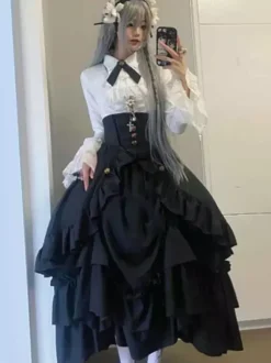 Gothic Lolita Elegant Skirt SK Ruffles Eternal Night Tiered Ruffles Black Jacquard Lolita Skirt