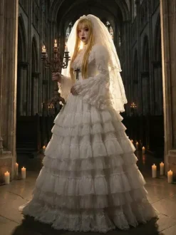 Gothic Lolita Fashion Costumes One Piece Ruffles Long Sleeves Long Lolita Dress