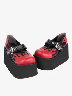 Gothic Lolita Footwear Black Lace Up PU Leather Wedge Heel Lolita Pumps