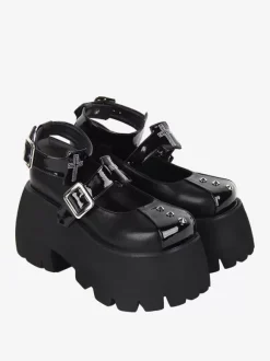 Gothic Lolita Footwear Black Rivets Metallic PU Leather Wedge Heel Lolita Pumps