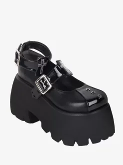 Gothic Lolita Footwear Black Rivets Metallic PU Leather Wedge Heel Lolita Pumps