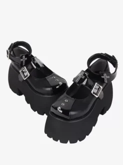 Gothic Lolita Footwear Black Rivets Metallic PU Leather Wedge Heel Lolita Pumps