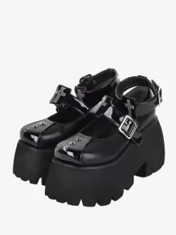Gothic Lolita Footwear Black Rivets Metallic PU Leather Wedge Heel Lolita Pumps
