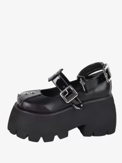 Gothic Lolita Footwear Black Rivets Metallic PU Leather Wedge Heel Lolita Pumps