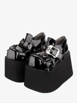 Gothic Lolita Footwear Black Grommets PU Leather Wedge Heel Lolita Pumps