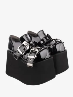 Gothic Lolita Footwear Black Grommets PU Leather Wedge Heel Lolita Pumps