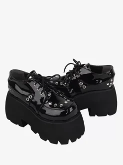 Gothic Lolita Footwear Black Metallic Rivets Round Toe PU Leather Lolita Shoes