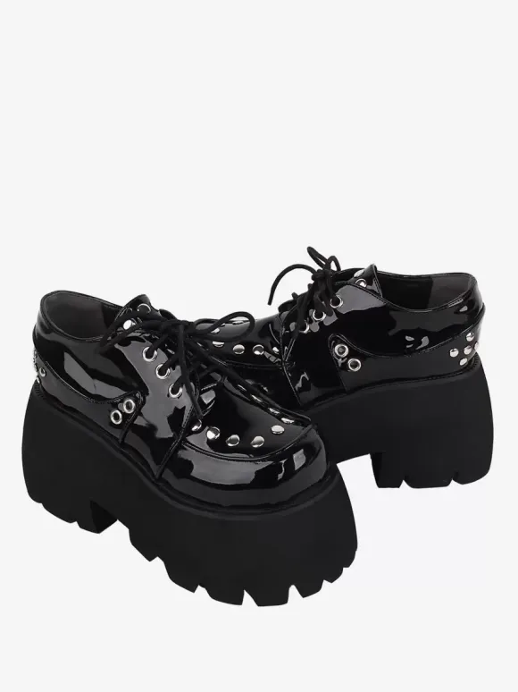 Gothic Lolita Footwear Black Metallic Rivets Round Toe PU Leather Lolita Shoes