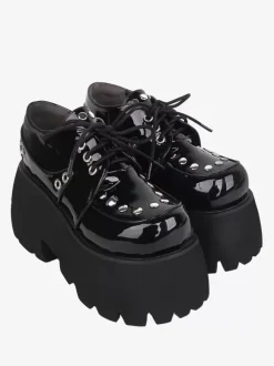 Gothic Lolita Footwear Black Metallic Rivets Round Toe PU Leather Lolita Shoes