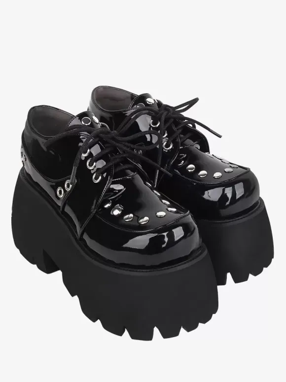 Gothic Lolita Footwear Black Metallic Rivets Round Toe PU Leather Lolita Shoes