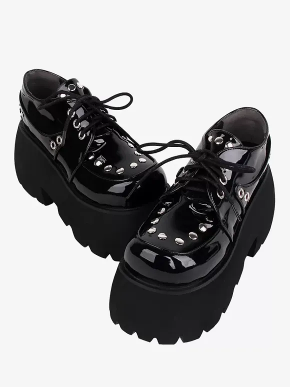 Gothic Lolita Footwear Black Metallic Rivets Round Toe PU Leather Lolita Shoes