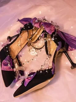 Gothic Lolita Footwear Black Chains Bows Ruffles Silk And Satin Stiletto Heel Lolita Pumps
