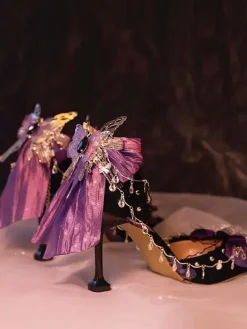 Gothic Lolita Footwear Black Chains Bows Ruffles Silk And Satin Stiletto Heel Lolita Pumps