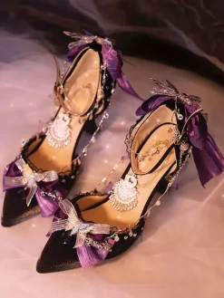 Gothic Lolita Footwear Black Chains Bows Ruffles Silk And Satin Stiletto Heel Lolita Pumps