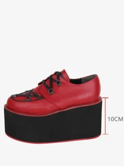 Gothic Lolita Footwear Burgundy Lace Up Round Toe PU Leather Lolita Pumps