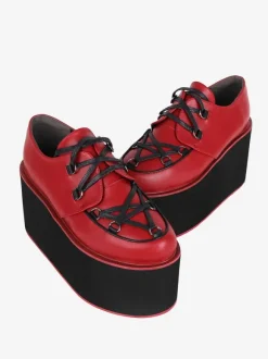 Gothic Lolita Footwear Burgundy Lace Up Round Toe PU Leather Lolita Pumps