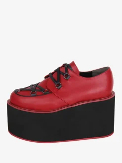 Gothic Lolita Footwear Burgundy Lace Up Round Toe PU Leather Lolita Pumps