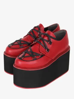 Gothic Lolita Footwear Burgundy Lace Up Round Toe PU Leather Lolita Pumps