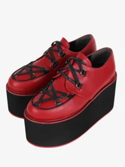 Gothic Lolita Footwear Burgundy Lace Up Round Toe PU Leather Lolita Pumps