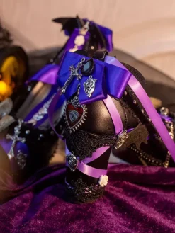 Gothic Lolita Footwear Purple Bows Lace Chains Pointed Toe PU Leather Lolita Pumps