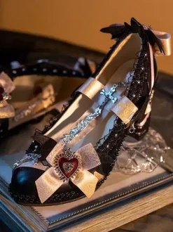 Gothic Lolita Footwear Purple Bows Lace Chains Pointed Toe PU Leather Lolita Pumps
