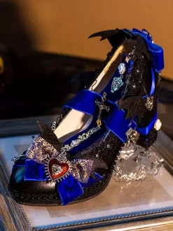 Gothic Lolita Footwear Purple Bows Lace Chains Pointed Toe PU Leather Lolita Pumps