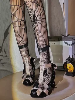 Gothic Lolita Footwear Purple Bows Lace Chains Pointed Toe PU Leather Lolita Pumps