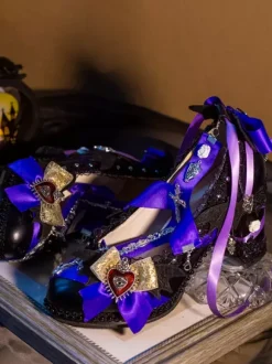 Gothic Lolita Footwear Purple Bows Lace Chains Pointed Toe PU Leather Lolita Pumps