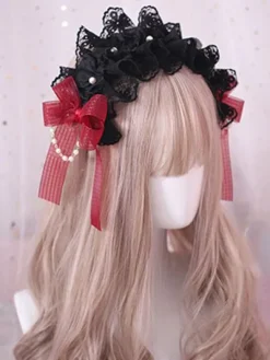 Gothic Lolita Hair Accessory Ruffle Bow Pearl Lace Black Lolita Headdress
