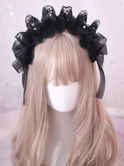 Gothic Lolita Hair Accessory Ruffle Bow Pearl Lace Black Lolita Headdress
