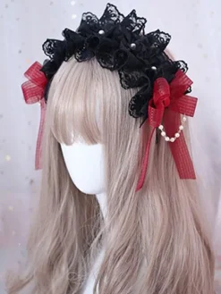 Gothic Lolita Hair Accessory Ruffle Bow Pearl Lace Black Lolita Headdress