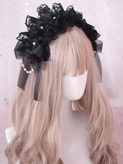 Gothic Lolita Hair Accessory Ruffle Bow Pearl Lace Black Lolita Headdress
