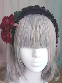 Gothic Lolita Headband Rose Lace Ruffle Black Lolita Headdress