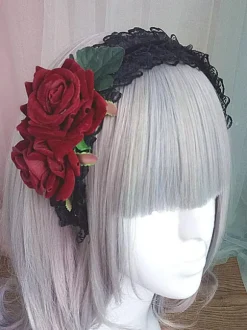 Gothic Lolita Headband Rose Lace Ruffle Black Lolita Headdress