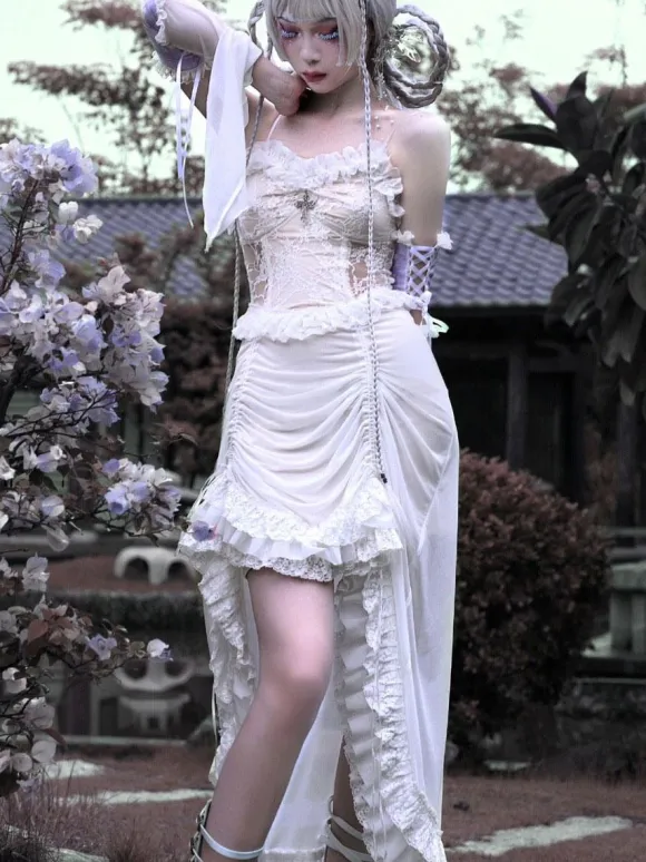 Gothic Lolita JSK Punk Dress Sleeveless Ruffles Lace Cross Pattern White Lolita Jumper Skirt