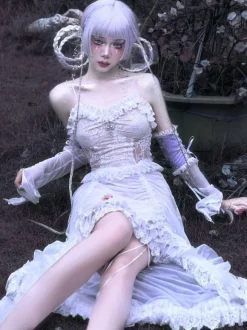 Gothic Lolita JSK Punk Dress Sleeveless Ruffles Lace Cross Pattern White Lolita Jumper Skirt