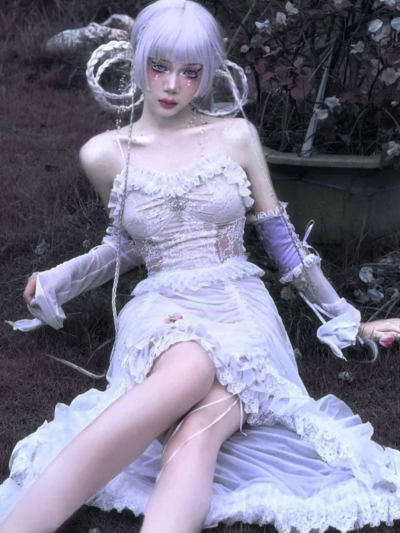 Gothic Lolita JSK Punk Dress Sleeveless Ruffles Lace Cross Pattern White Lolita Jumper Skirt