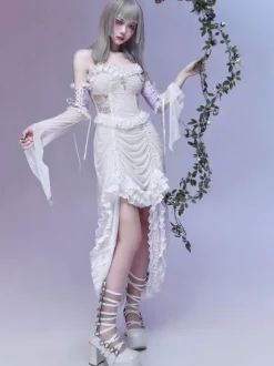 Gothic Lolita JSK Punk Dress Sleeveless Ruffles Lace Cross Pattern White Lolita Jumper Skirt