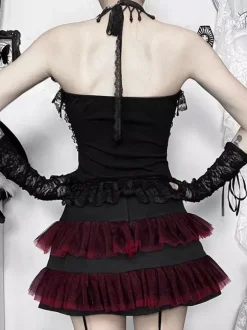 Gothic Lolita Lace Trim Camisole And Mesh Short Skirt Set Dark Series Halloween Cosplay Suit